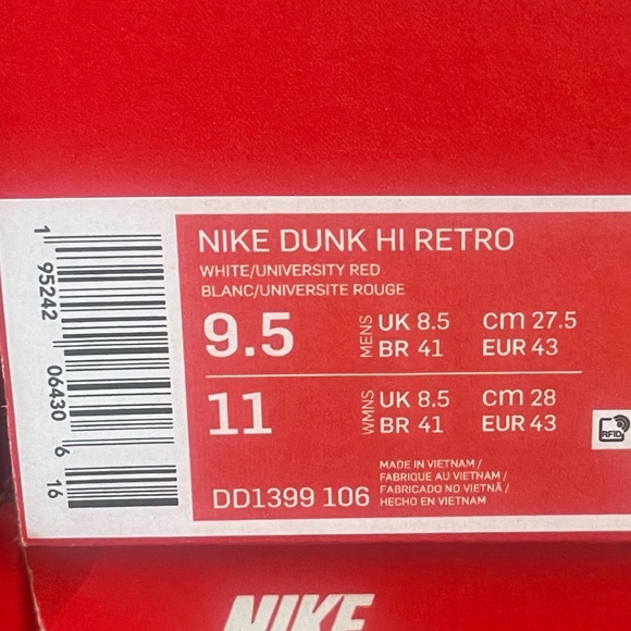 NIKE DUNK HI RETRO University Red DD1399-106 Men's Size 9.5 - Picture 2 of 2